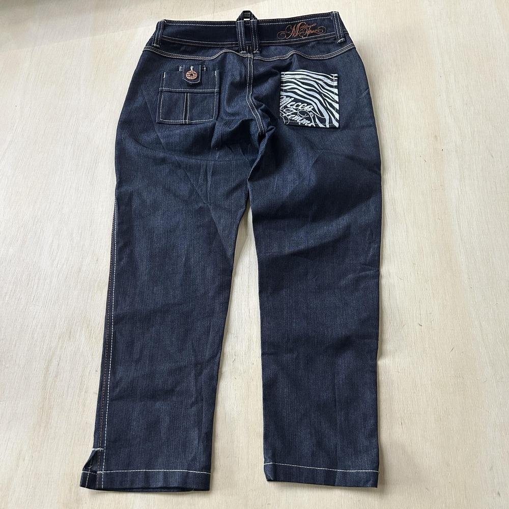 Y2K Mecca Straight Jeans Women's 9/10 Dark Wash Blue Zebra Pocket Stretch Denim